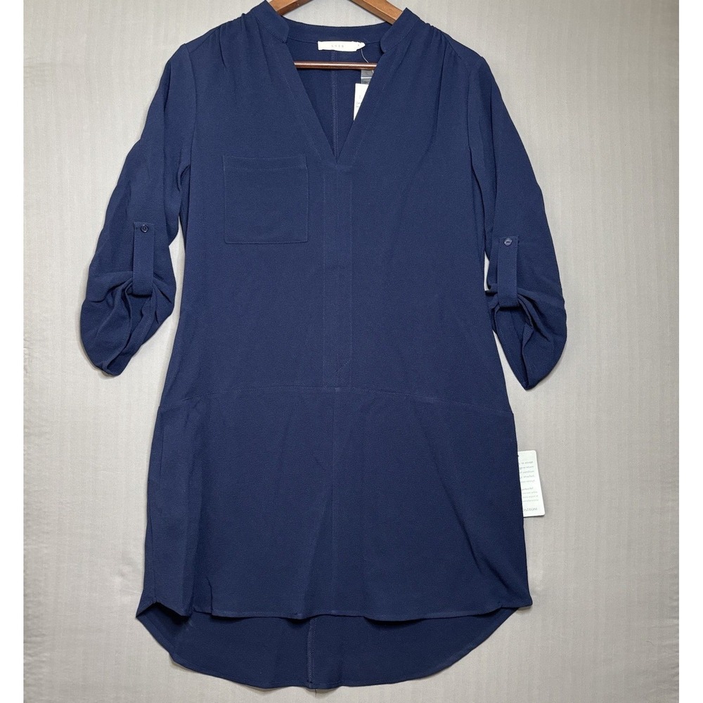 Lush Navy Blue Shift Dress Womens S Roll Tab Sleeve V Neck Pockets Mini Tunic